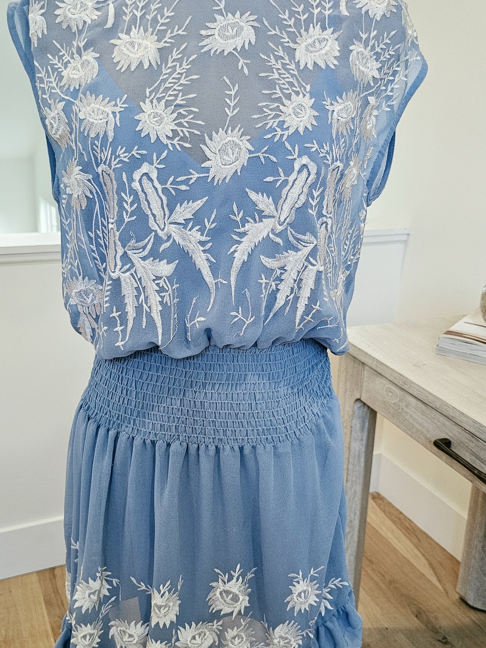 Free People Blue And White 2 Pc Chiffon  Embroidered Boho Midi Dress Size S/P